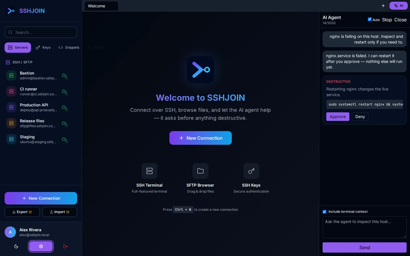 SSHJOIN AI agent asking to approve a restart of nginx