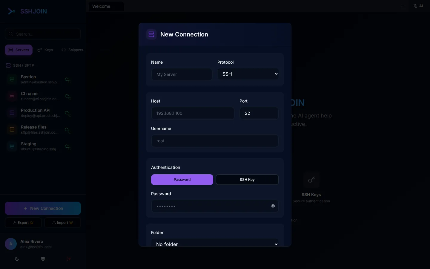 SSHJOIN new connection dialog