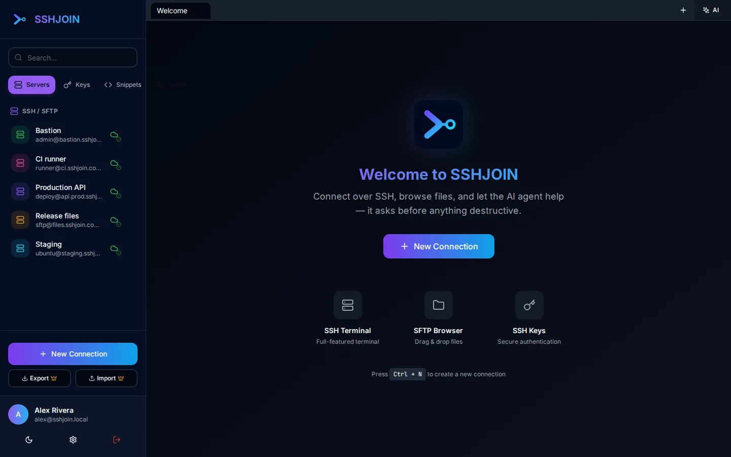 SSHJOIN dashboard with servers, welcome screen, and the same UI used on desktop and web